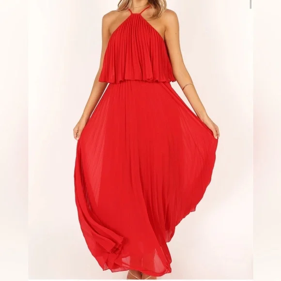 Petal & Pup Red Pleated Halter Maxi Dress - Picture 1 of 7